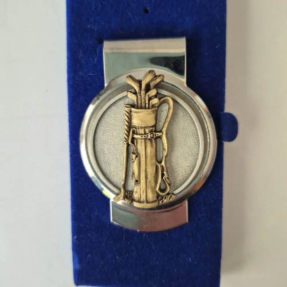 Fort Vintage Silver and Gold Tone Golf Clubs Money Clip in Original Lined Box